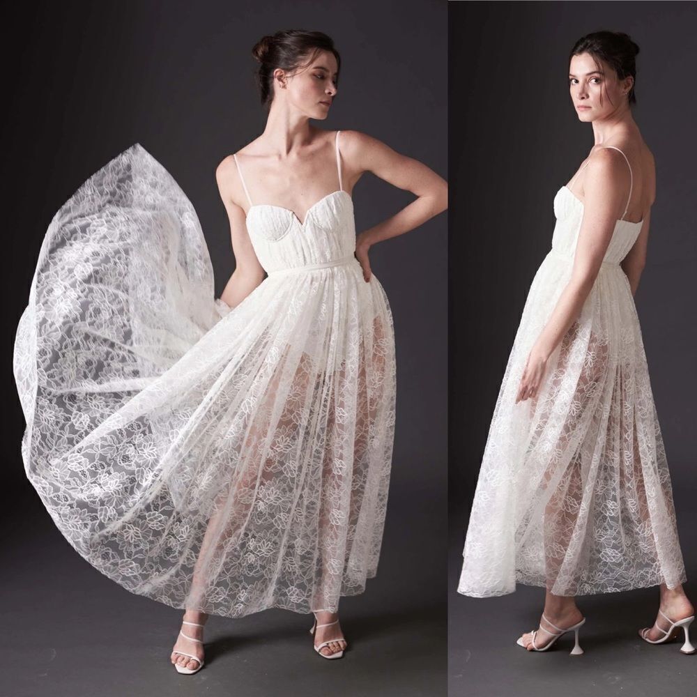 Sau Lee Selena Lace Sweetheart Midi Dress in White Bridal Wedding 0